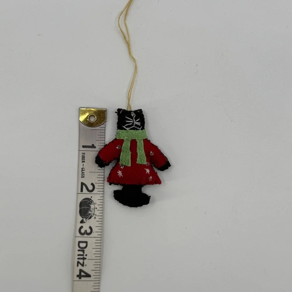 Vtg Felt Black Cat Christmas Ornament Folk Art Handcrafted Sequin Holiday Decor